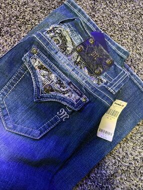 Miss Me Dark Blue Boot Cut Jeans with Sequin Embellished Pockets
